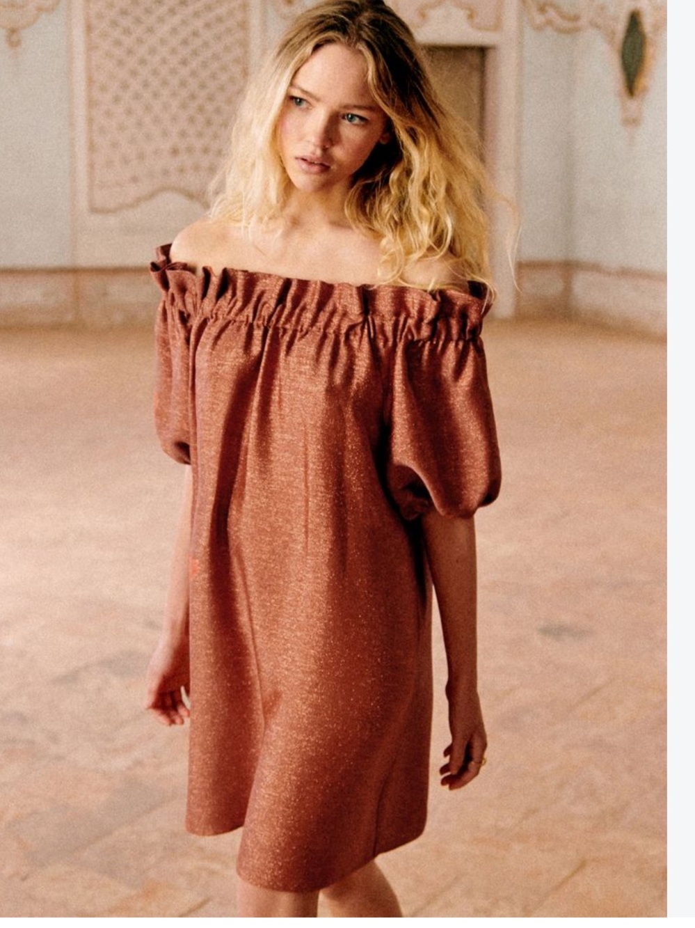 Sezane Editions Metallic Copper Off Shoulder Puff Sleeve Dress Rust Orange EU 38